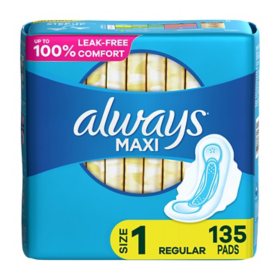 Always Maxi Daytime Pads with Wings, Unscented - Size 1 (135 ct.)