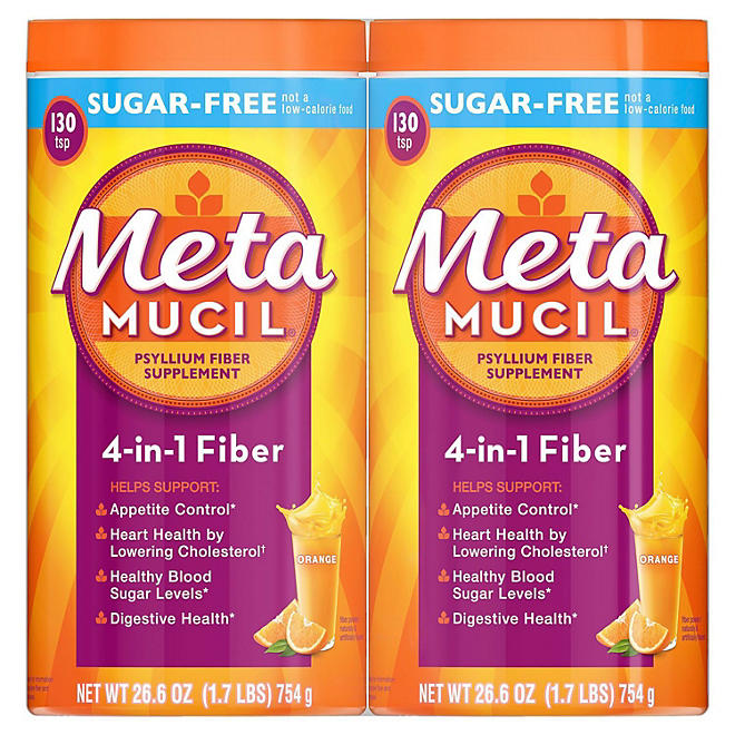 Metamucil Fiber 4-in-1 Psyllium Sugar-Free Fiber Supplement Powder, Orange 26.6 oz., 2 pk.