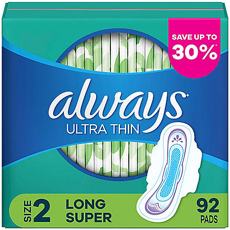 Always Ultra Thin Pads Size 2 Super Long Absorbency Unscented with Wings (92 ct.)