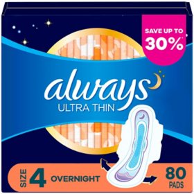 Always Ultra Thin Overnight Pads with Flexi-Wings, Unscented, Size 4, 80 ct.