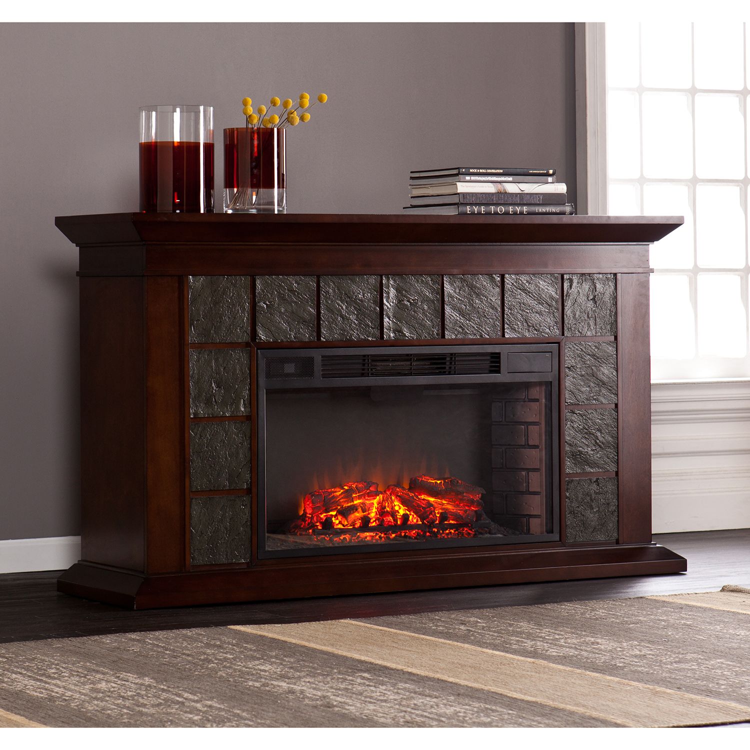 Eldorado Faux Slate Fireplace in Warm Brown Walnut Finish
