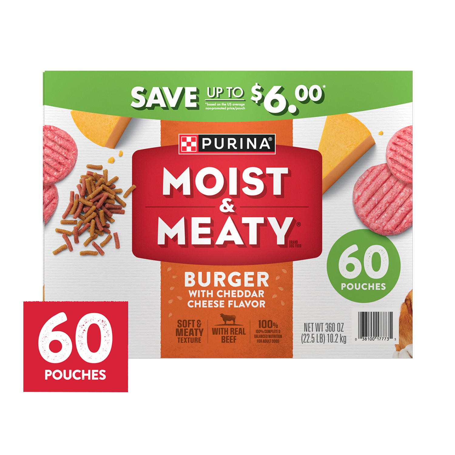 Purina Moist & Meaty Dog Food, Burger w/ Cheddar Cheese Flavor, 6 oz, 60 ct.