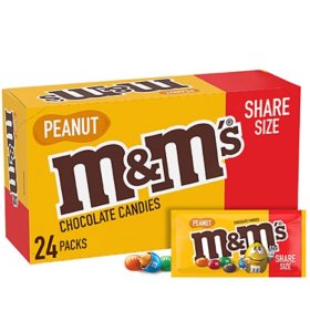 M&M'S Peanut Milk Chocolate Candy, Share Size, 3.27 oz., 24 pk.