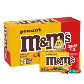 M&M'S Peanut Milk Chocolate Candy, Share Size, 3.27 oz., 24 pk.