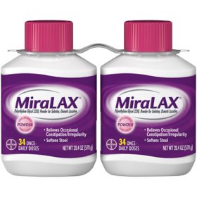 MiraLAX Laxative Powder for Gentle Constipation Relief 34 doses, 2 ct.