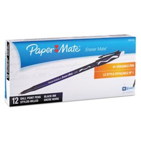 Paper Mate - Eraser Mate Ballpoint Stick Erasable Pen, Black Ink, Medium -  Dozen