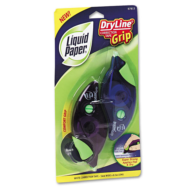Paper Mate Liquid Paper - DryLine Grip Correction Tape, 1/5" x 335", Blue/Purple Dispensers - 2 Pack