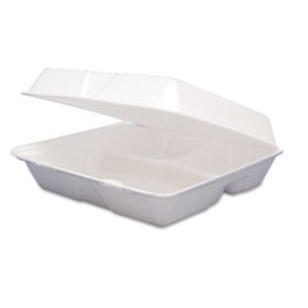 Dart Foam Hinged Lid Containers, 3-Compartment, 9.25" x 9.5" x 3", White (200 ct.)