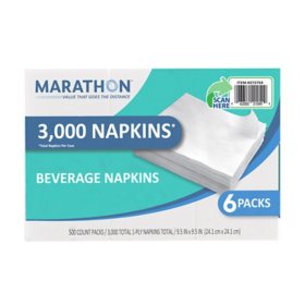 Marathon Embossed Beverage Napkins, 1-Ply, 9 1/2" x 9 1/2", White 3000 ct.