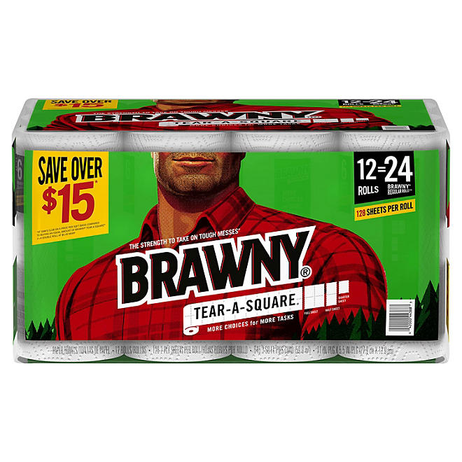 Brawny Tear-A-Square Paper Towels, Quarter Size 2-ply Sheets (128 sheets/roll, 12 rolls)