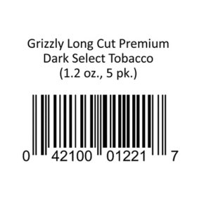 Grizzly Long Cut Premium Dark Select Tobacco 1.2 oz., 5 pk.