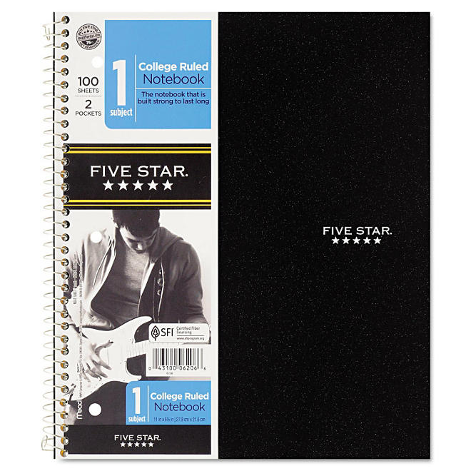 Five Star Wirebound Notebook, College Rule, 8 1/2 x 11, 1 Subject, 100 Sheets, Various Colors
