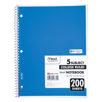 Mead 5 Subject Notebook, College Rule, 8-1/2 x 11, White, 200 Sheets per  Pad - Sam's Club