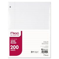 Mead - Filler Paper, 16-lbs., Wide Ruled, 3-hole punched - 10-1/2 x 8 - 200 Sheets 