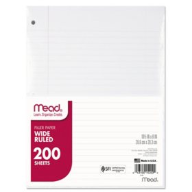 Mead - Filler Paper, 16-lbs., Wide Ruled, 3-hole punched - 10-1/2 x 8 - 200 Sheets