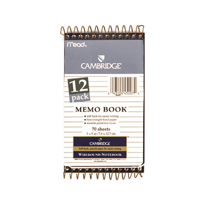 Cambridge Wire Bound Memo Book Navy 3" x 5", 12 Pack