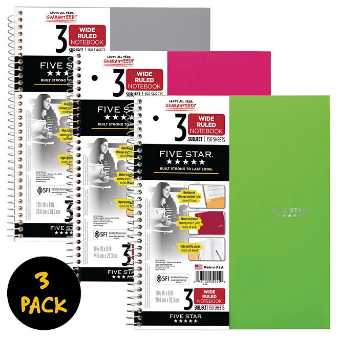 Five Star® Trend Wirebound Notebook, 3 Subject, Wide Ruled, 10 1/2" x 8", 3 Pack, Assorted Colors (Color Choice Not Available)
