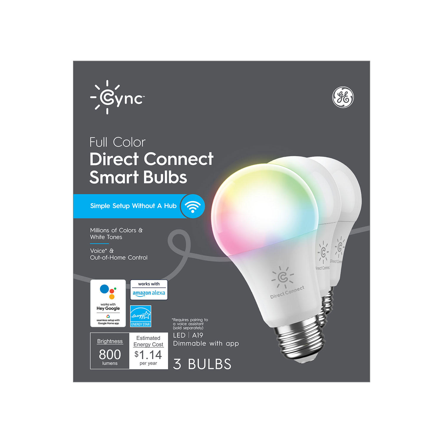3-Pack GE Cync 9W (60W equiv) Full Color A19 LED Smart Bulb
