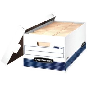 Bankers Box STOR/FILE Storage Box with Locking Lid, White/Blue (Letter, 4/Carton)