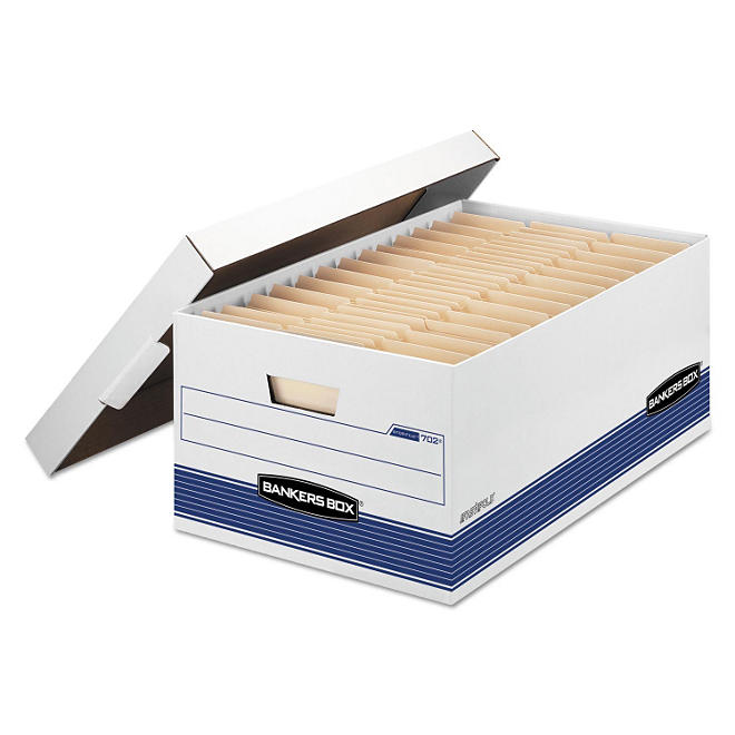 Bankers Box STOR/FILE Storage Box with Locking Lid, White/Blue (Legal, 4/Carton)