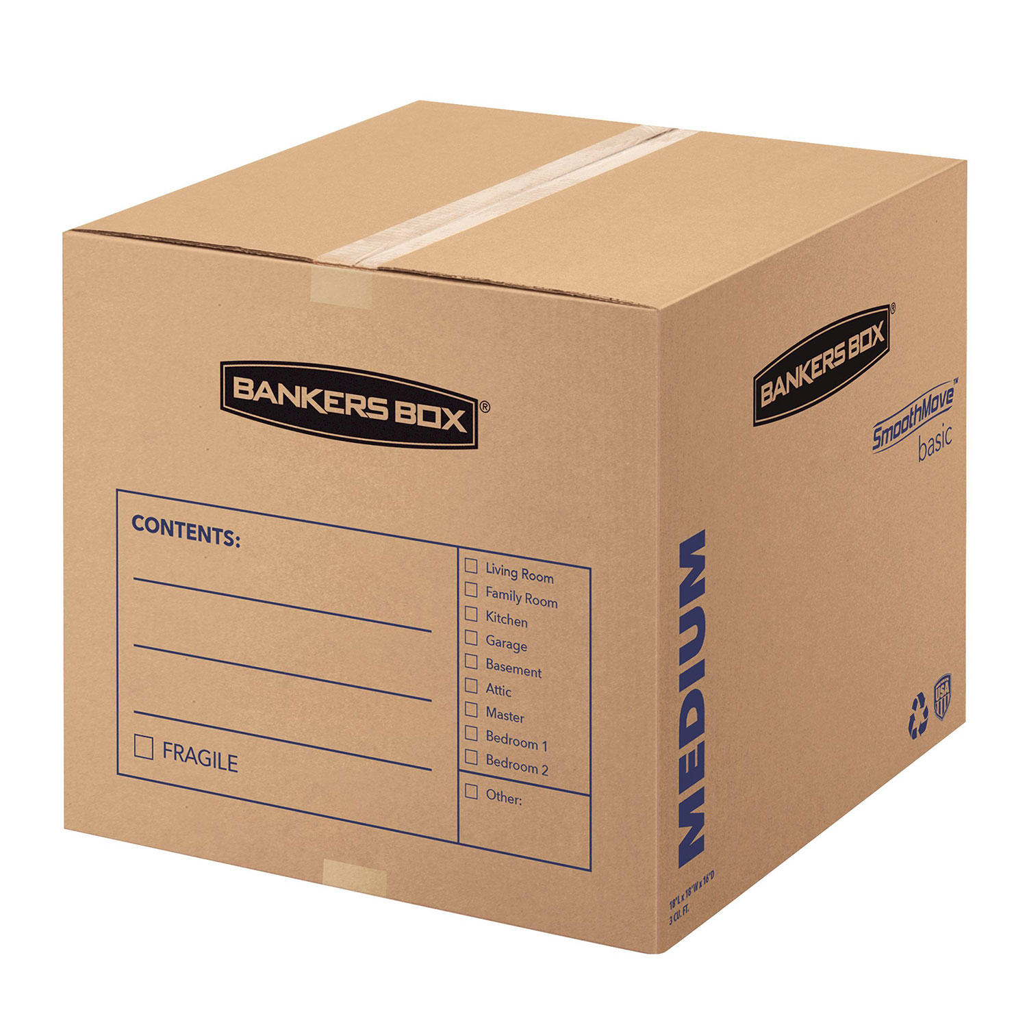 Bankers Box SmoothMove Basic Medium Moving Boxes, 18 1/4 x 18 1/4 x 16 3/8, Kraft/Black, 20ct.