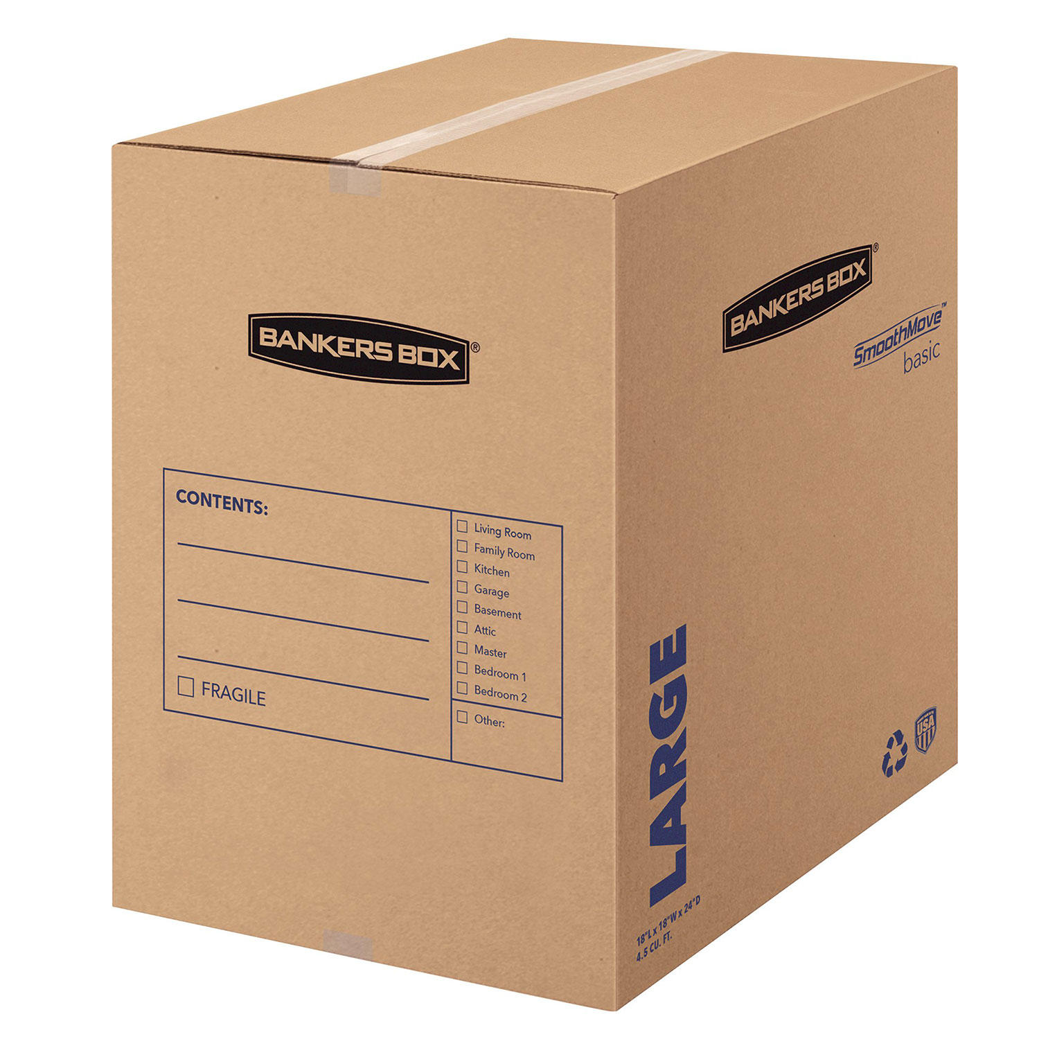 Bankers Box SmoothMove Basic Large Moving Boxes, 18l x 18w x 24h, Kraft/Blue, 15/Carton