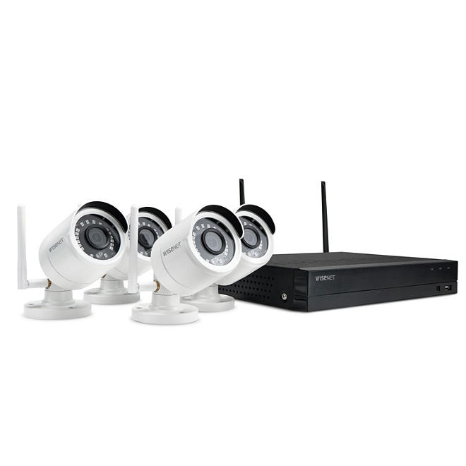 Wisenet 4-Channel Wi-Fi 1080p NVR Surveillance System with 1TB Hard Drive, 4-Camera 1080p Dual Antenna Indoor/Outdoor Cameras