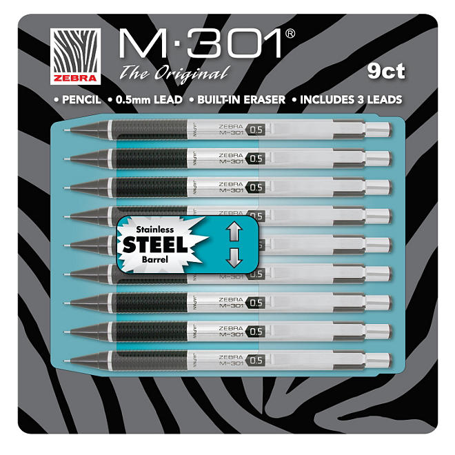 Zebra - M-301 Mechanical Pencil, 0.5 mm, Stainless Steel - 9 Pencils.
