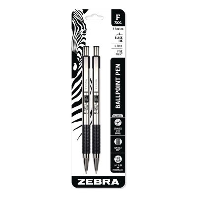 Zebra F-301 Ballpoint Pen, Retractable, Fine 0.7 mm, Black Ink, Stainless Steel/Black Barrel, 2/Pack