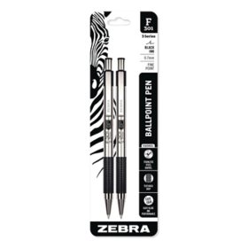 Zebra F-301 Ballpoint Pen, Retractable, Fine 0.7 mm, Black Ink, Stainless Steel/Black Barrel, 2/Pack