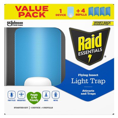 Raid Essentials Flying Insect Light Trap Starter Kit, 1 Fly Trap Device & 1  Refill 