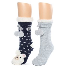 Cuddl Duds Ladies Super Soft Sherpa Lined Critter Lounge Slipper Socks 2 Pack