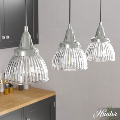 Hunter Cypress Grove with Clear Holophane Glass 3 Light Pendant Light Fixture:- Brushed Nickel, Linear