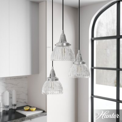 Hunter Cypress Grove with Clear Holophane Glass 3 Light Pendant Light Fixture:- Brushed Nickel, Round
