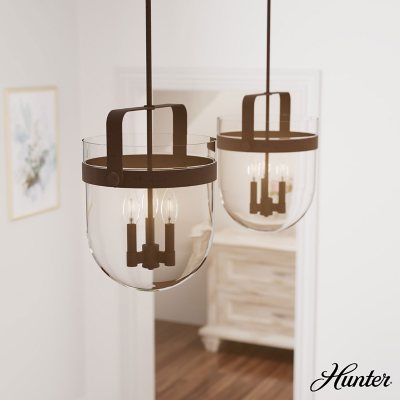 Hunter Karloff with Clear Glass Pendant Ceiling Light Fixture :- Rust, 3 Light, 14'