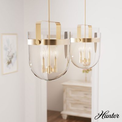 Hunter Karloff with Clear Glass Pendant Ceiling Light Fixture :- Gold, 3 Light, 14'