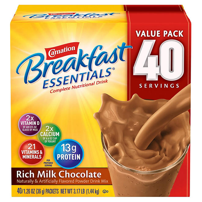 Carnation Breakfast Essentials Rich Milk Chocolate Complete Nutritional Drink Mix, 1.26 oz, (40 ct.)