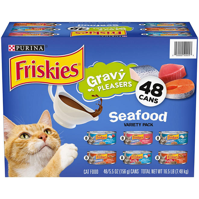 Purina Friskies Gravy Pleasers Wet Cat Food, Seafood or Poultry Variety Pack - (48) 5.5 oz. Cans