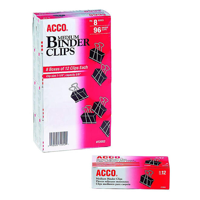 ACCO Binder Clips, Medium, 12/Box, 8 Pack