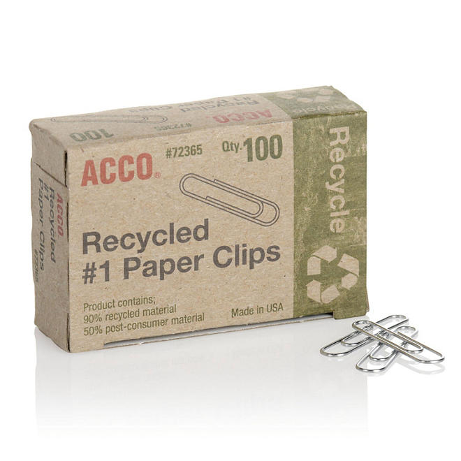 ACCO Recycled Paper Clips, 90% Recycled, Smooth, Size #1, 100/Box, 20 Pack