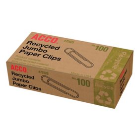 ACCO Recycled Paper Clips, 90% Recycled, Smooth, Jumbo, 100/Box, 8 Pack