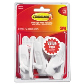 Command Hooks, Medium, 3 lb. Capacity, White (6 Hooks & 12 Adhesive Strips)