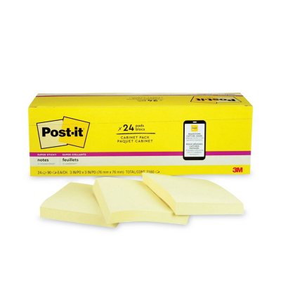 Post-it Notes Super Sticky Pads, 3 x 3, Canary Yellow, 24 Pads