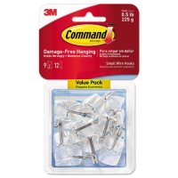 Command Hooks, Small, .5lb Capacity, Clear Plastic/ Metal Wire, 9 Hooks & 12 Adhesive Strips