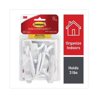 Command Hooks, Medium, 3lb Capacity, White, 20 Hooks & 24 Strips