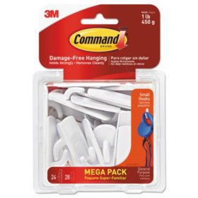 Command Hooks, Small, 1lb Capacity, White, 24 Hooks & 28 Strips