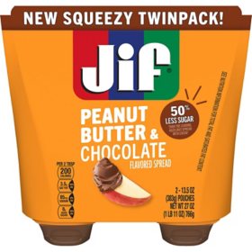 Jif Squeeze Peanut Butter & Chocolate Flavored Spread Pouches, 13 oz., 2 ct.