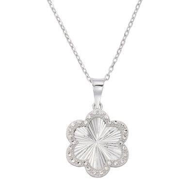 Diamond Cut Halo Flower Necklace- White Gold:- White Gold
