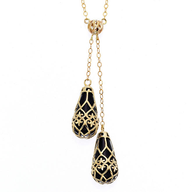 Black Onyx Fleur De Lis Necklace in 14k Yellow Gold