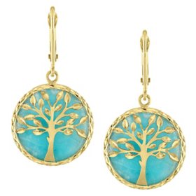 Amazonite Tree of Life Design Lever Earrings in 14K Yellow Gold	